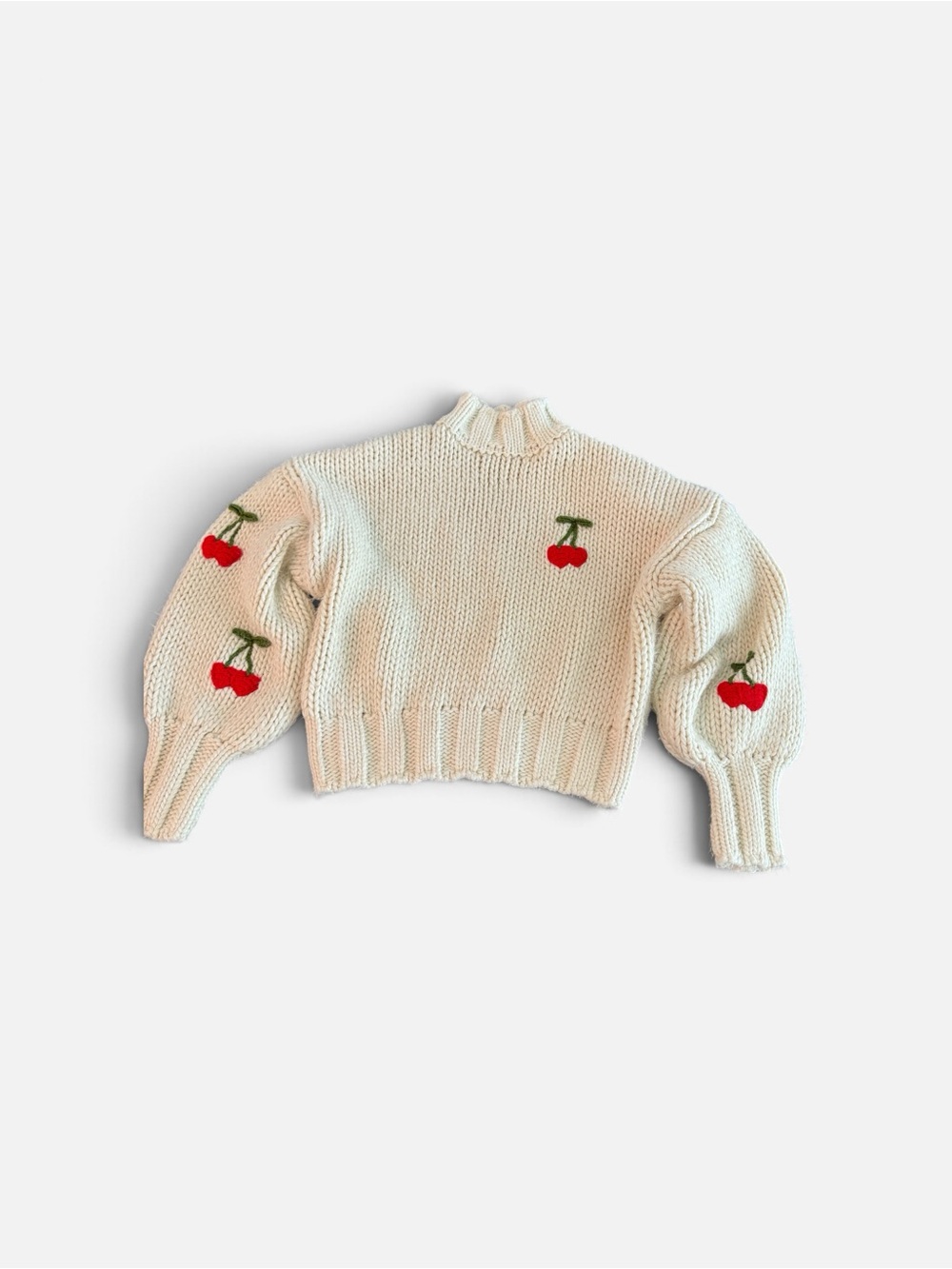 Forever 21 Cream Knit Turtleneck Sweater with Red Cherry Embroidery